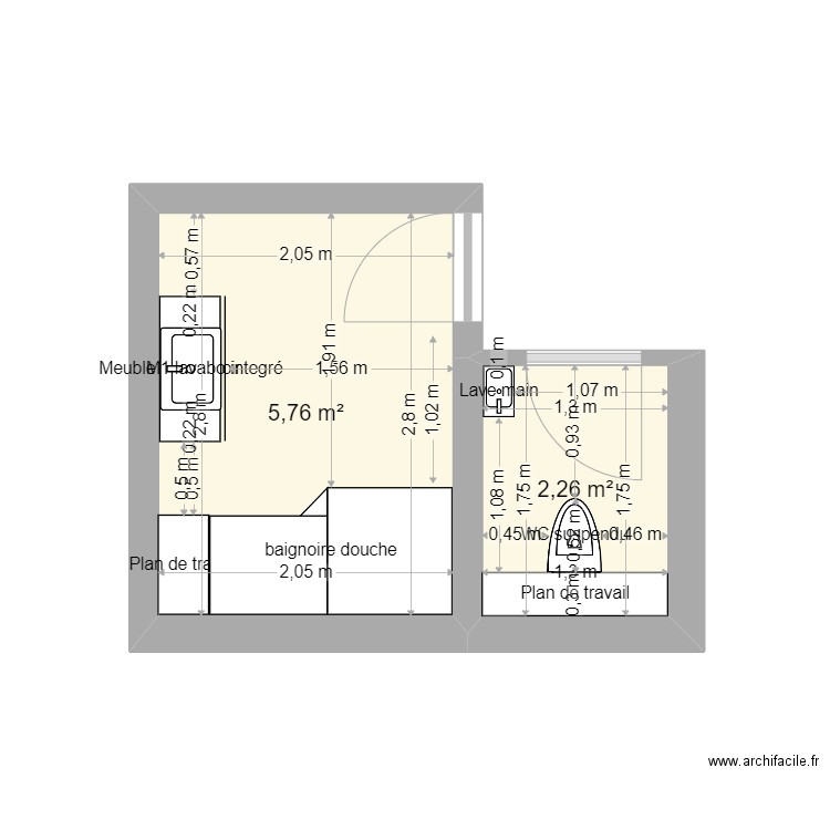 salle de bains WC 1 er etage. Plan de 2 pièces et 8 m2