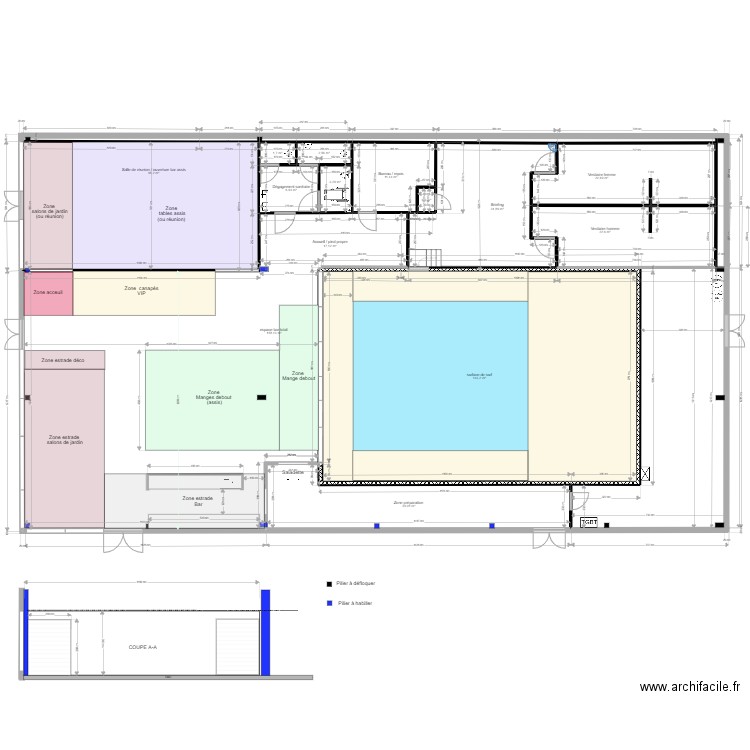 Plan TAKE OFF zone bar ERP. Plan de 14 pièces et 518 m2