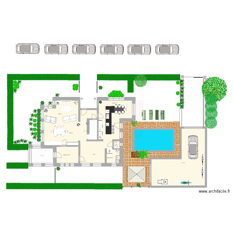 rdc avec jardin 2 piscine. Plan de 3 pièces et 176 m2