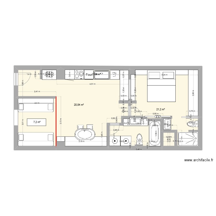 2-HO. Plan de 4 pièces et 52 m2