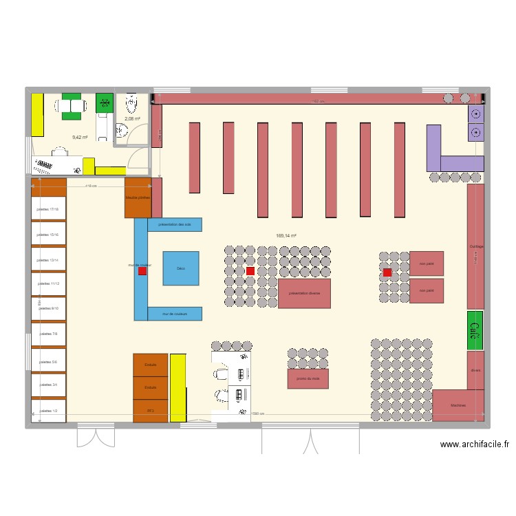 magasin. Plan de 3 pièces et 181 m2