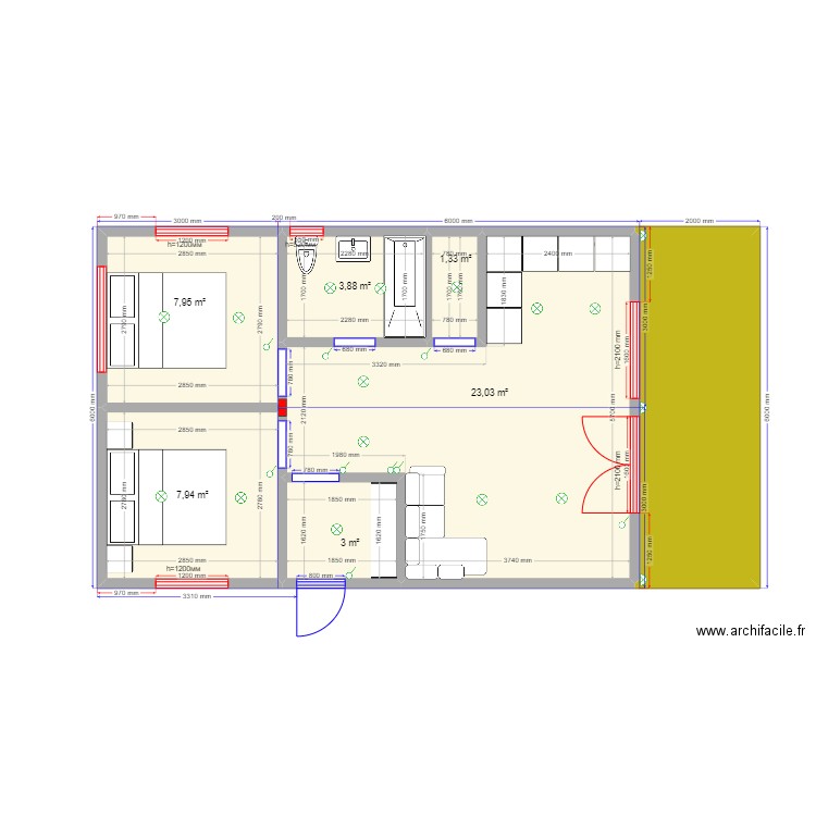 54 Сова св. Plan de 7 pièces et 58 m2