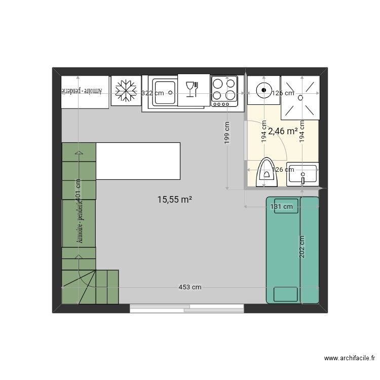 Lit double bas escalier coupé cube2. Plan de 6 pièces et 32 m2