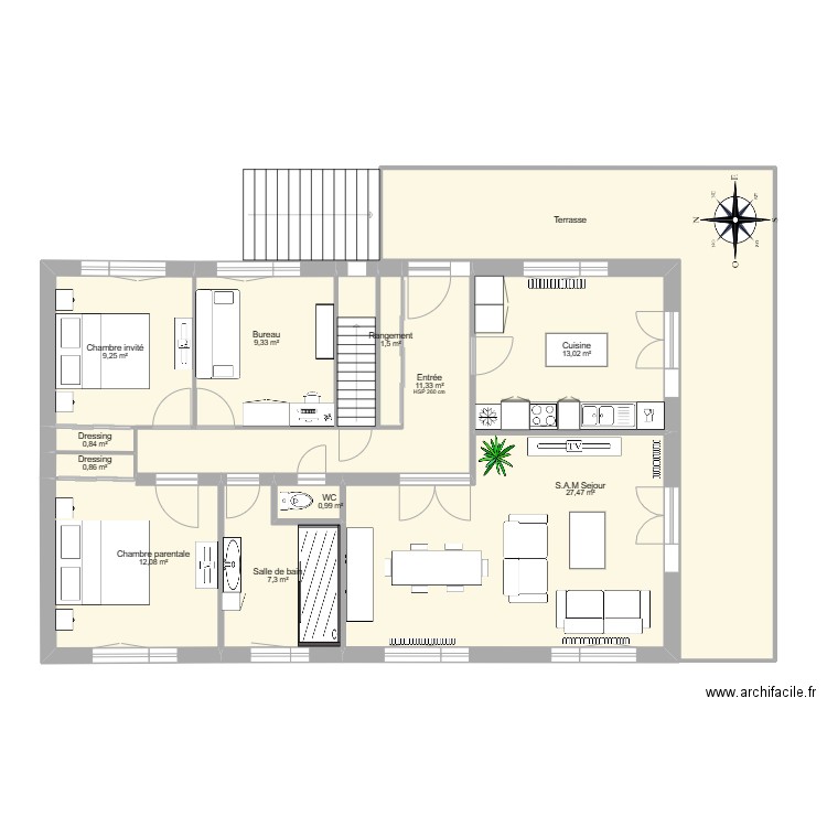 Maison Abergement RDC. Plan de 13 pièces et 129 m2