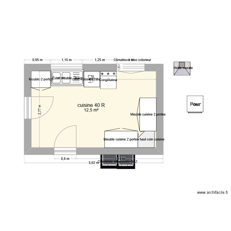 cuisine. Plan de 1 pièce et 13 m2