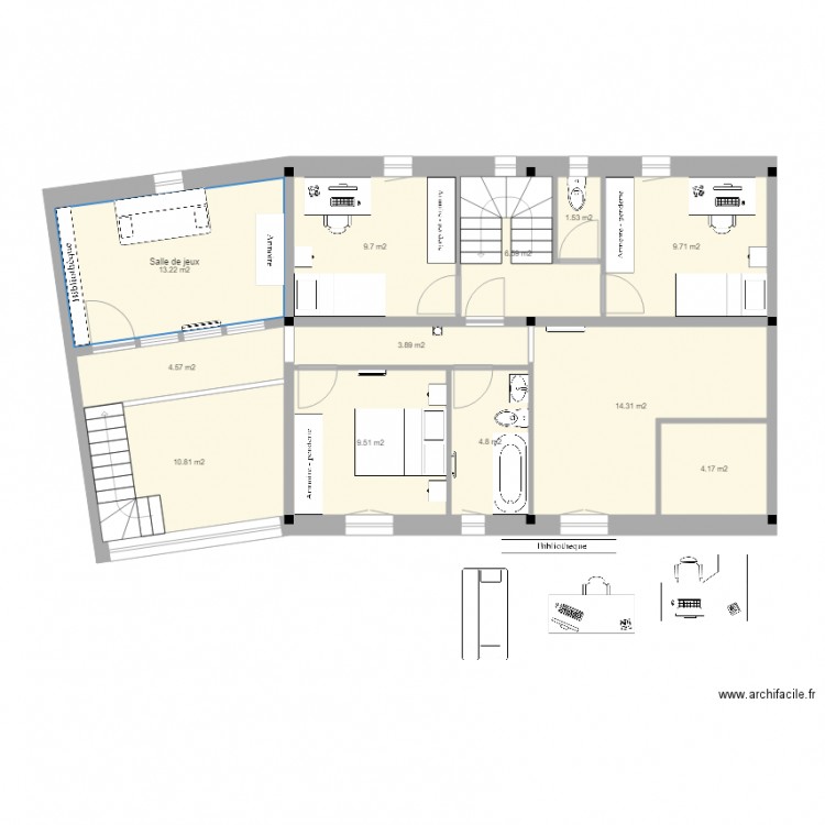 Bureaux + ch d'ami 1. Plan de 12 pièces et 93 m2