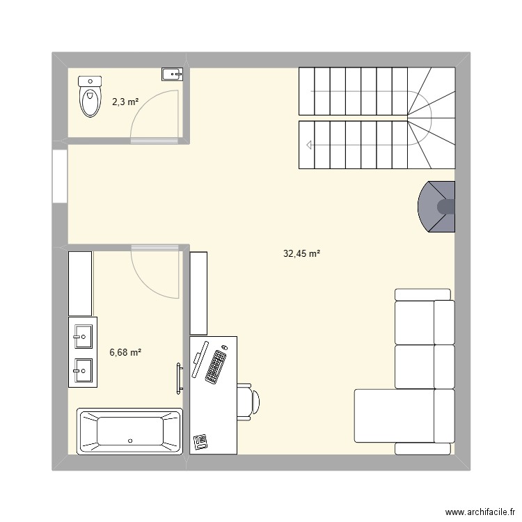 plateau étage v1. Plan de 3 pièces et 41 m2