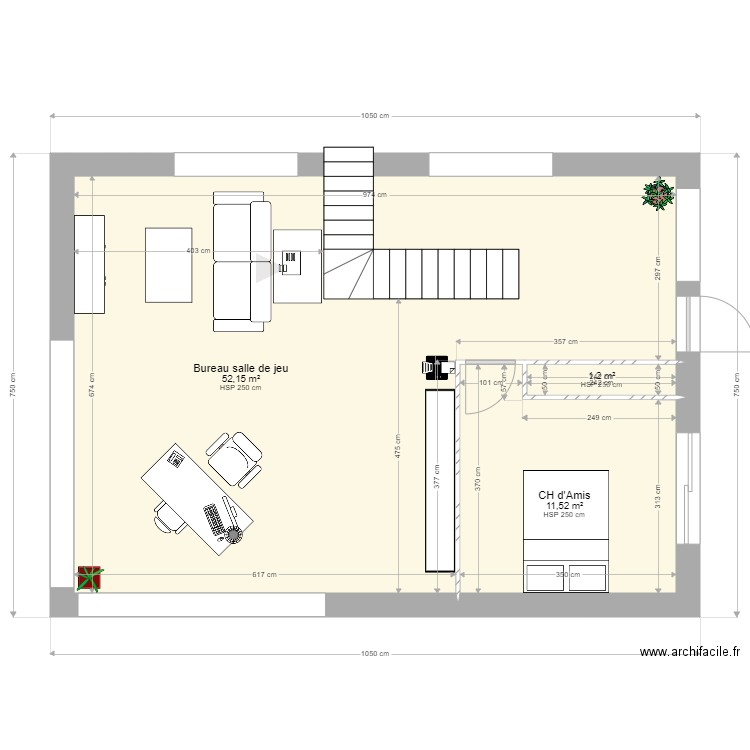 Etage Mas. Plan de 3 pièces et 65 m2