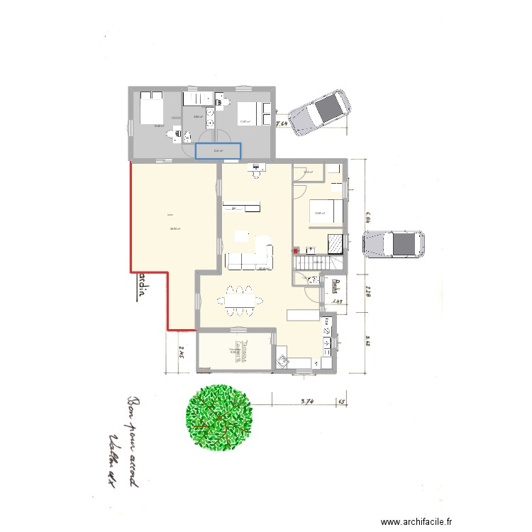 plan maison avec extension V4 avant/après extension. Plan de 14 pièces et 208 m2