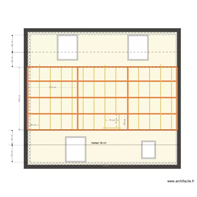 Maison charpente plafond &eacute;tage. Plan de 