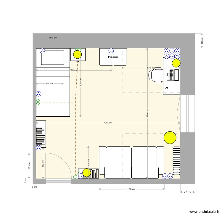 Chambre R2 droite avec lit 100. Plan de 0 pièce et 0 m2