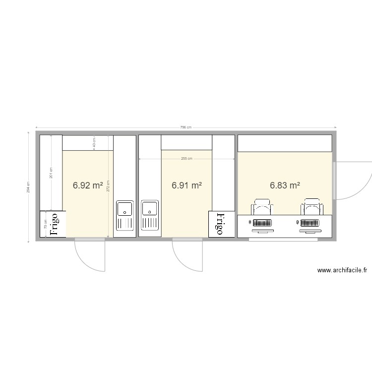 deux cuisines et un bureau. Plan de 3 pièces et 21 m2