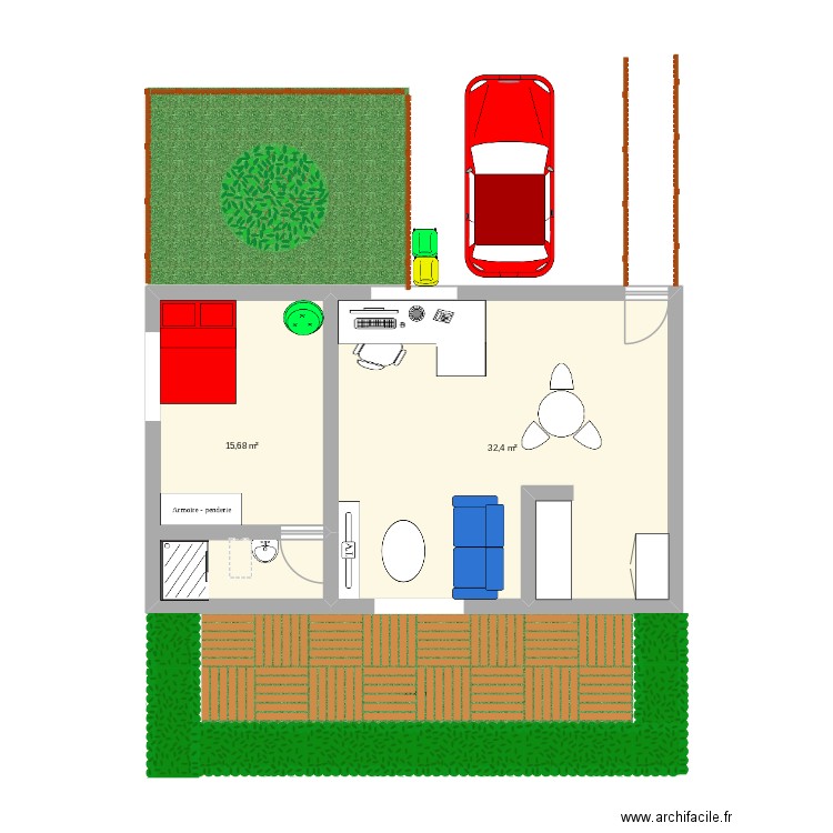 maison un étage. Plan de 2 pièces et 48 m2
