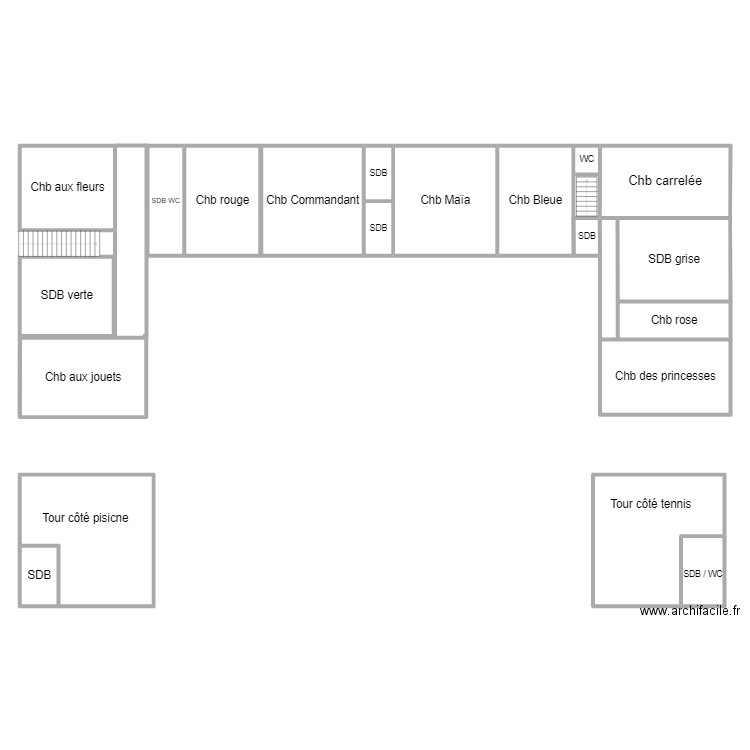 1er étage et tours test. Plan de 21 pièces et 376 m2