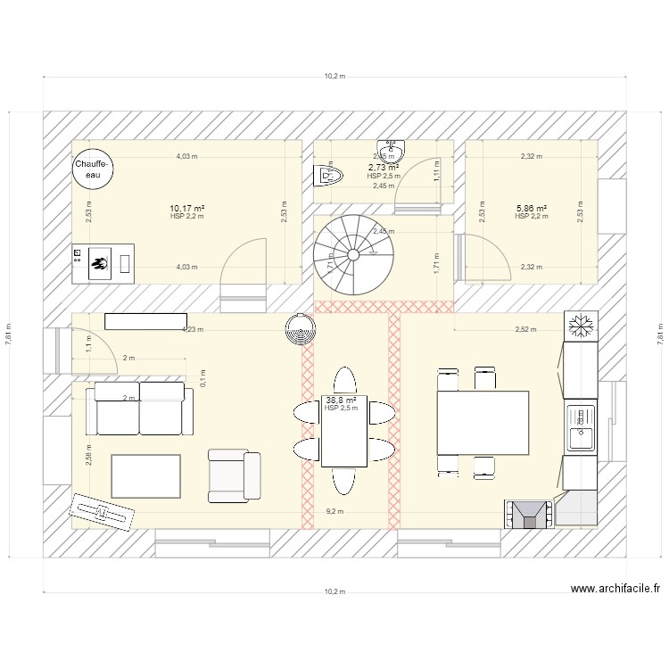 rez transformé. Plan de 4 pièces et 58 m2