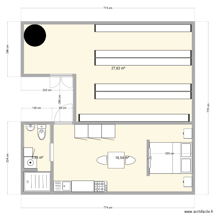 galpon . Plan de 3 pièces et 50 m2