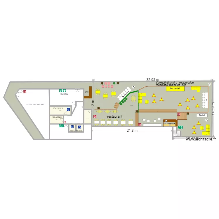 S&eacute;nario restauration cocktail  modulable tables de jeux. Plan de 