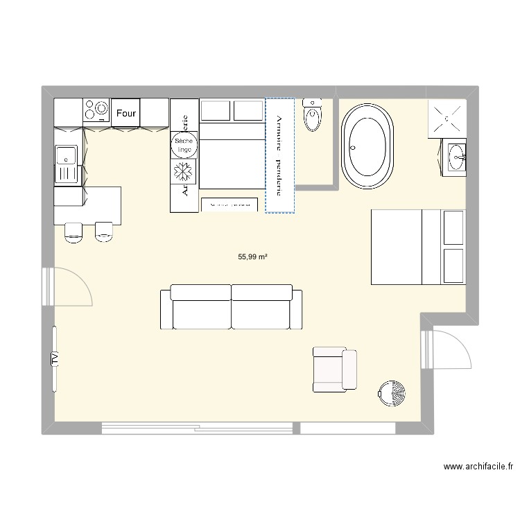 Ras. Plan de 1 pièce et 56 m2