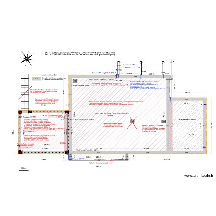 2.03.1 -SCHEMA DEPOSE  ET MODIFICATIONS  SUR TOIT PLAT 1/50. Plan de 4 pièces et 125 m2