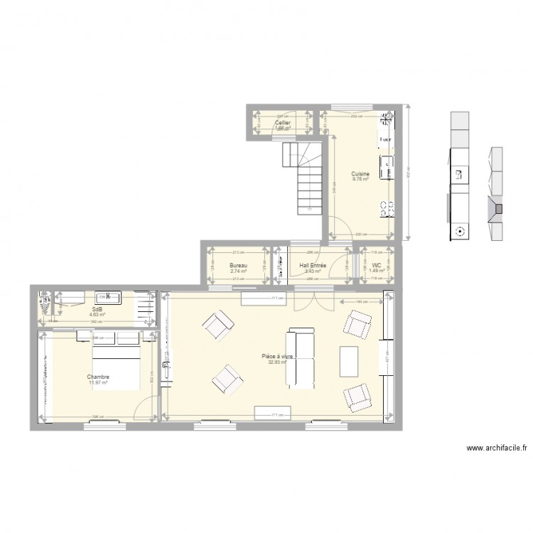 Appartement T3 avec SdB et Chambre et salon et cuisine et cellier 4. Plan de 0 pièce et 0 m2