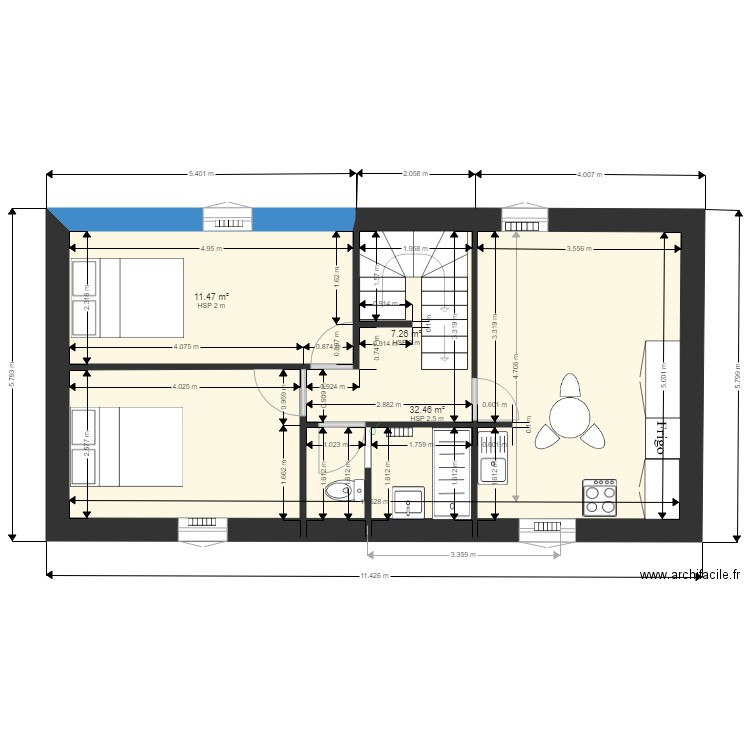 1 etage maison bleue finalisé.avec petit palier. Plan de 3 pièces et 51 m2
