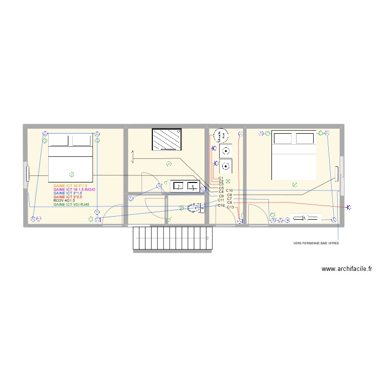 RdC_Chambres_PC. Plan de 6 pièces et 46 m2