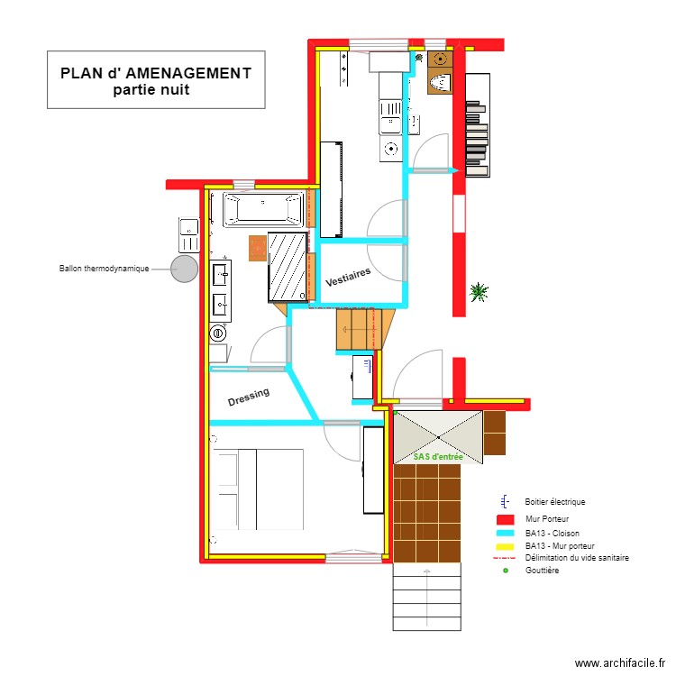 Plan d'aménagement_Partie nuit_Peupliers. Plan de 1 pièce et 3 m2