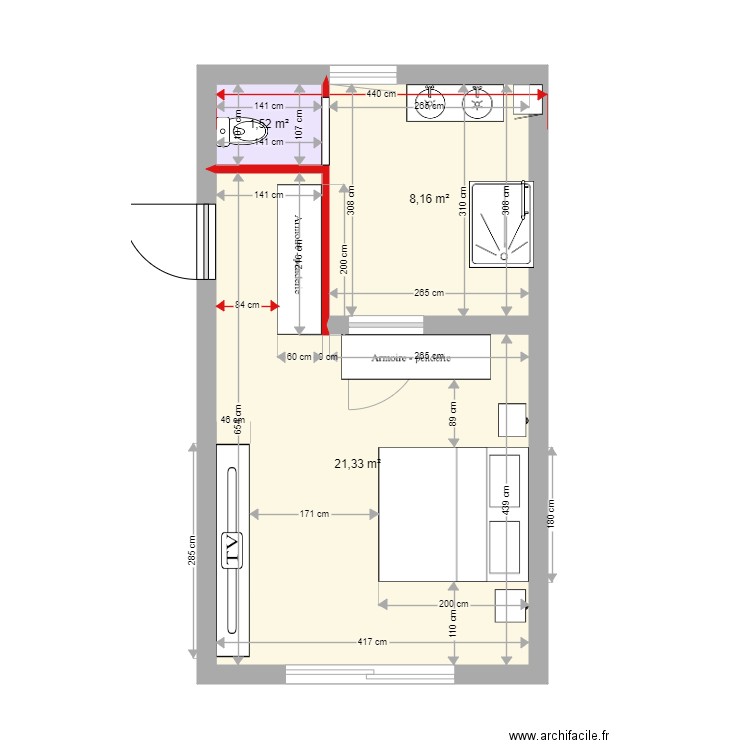 plan chambre. Plan de 3 pièces et 31 m2