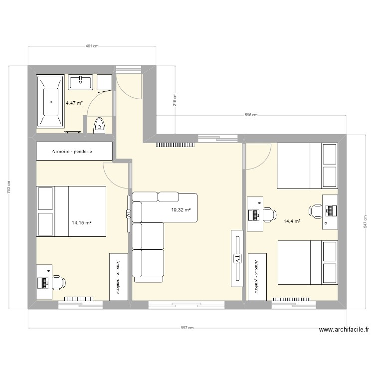 extension garage V2. Plan de 4 pièces et 52 m2
