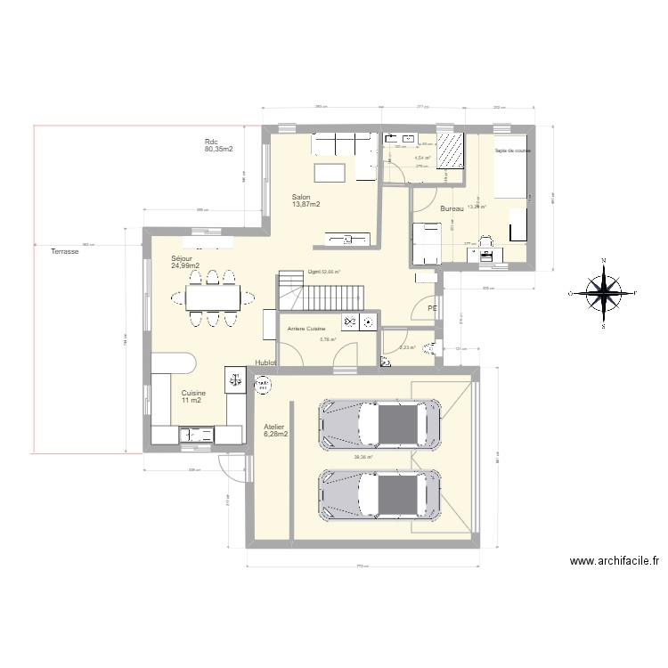 Plan sdb rdc V4. Plan de 13 pièces et 183 m2