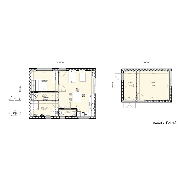 GRANGE-ATELIER. Plan de 7 pièces et 59 m2