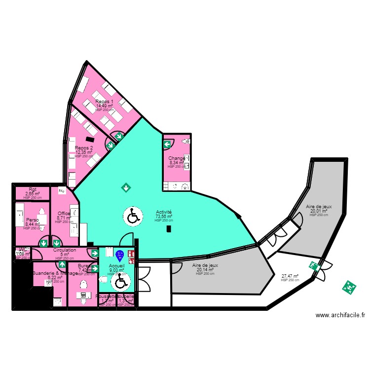 B91P2P rectif jordan evac. Plan de 18 pièces et 233 m2