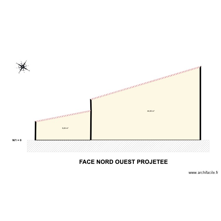 Face Nord ouest projetée. Plan de 2 pièces et 54 m2