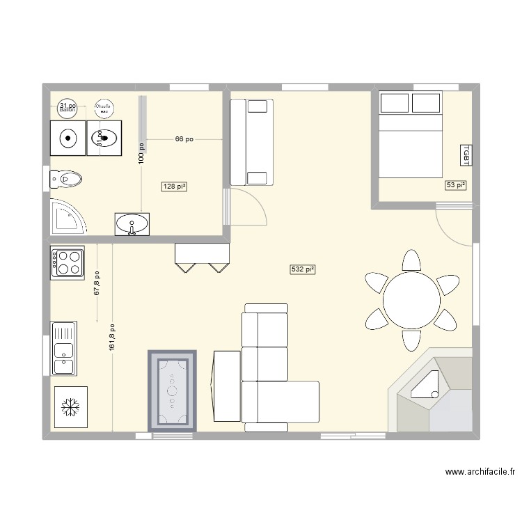 Chalet V.3. Plan de 3 pièces et 66 m2