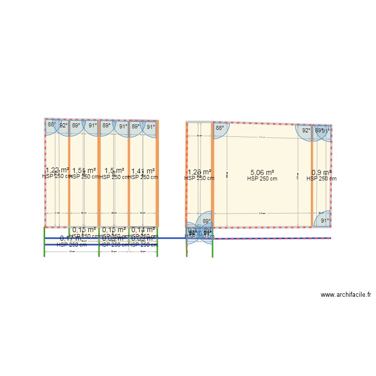 extension. Plan de 14 pièces et 14 m2
