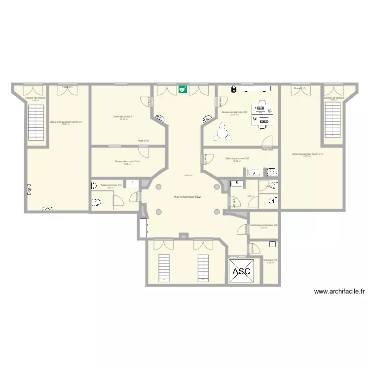 Hall SS2 grand gym . Plan de 