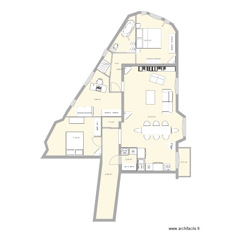 tolbiac 13eme avant après aménagé bis . Plan de 0 pièce et 0 m2