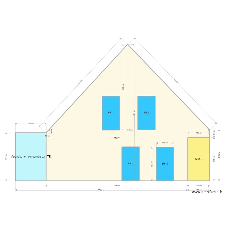 Façade S-O. Plan de 7 pièces et 78 m2