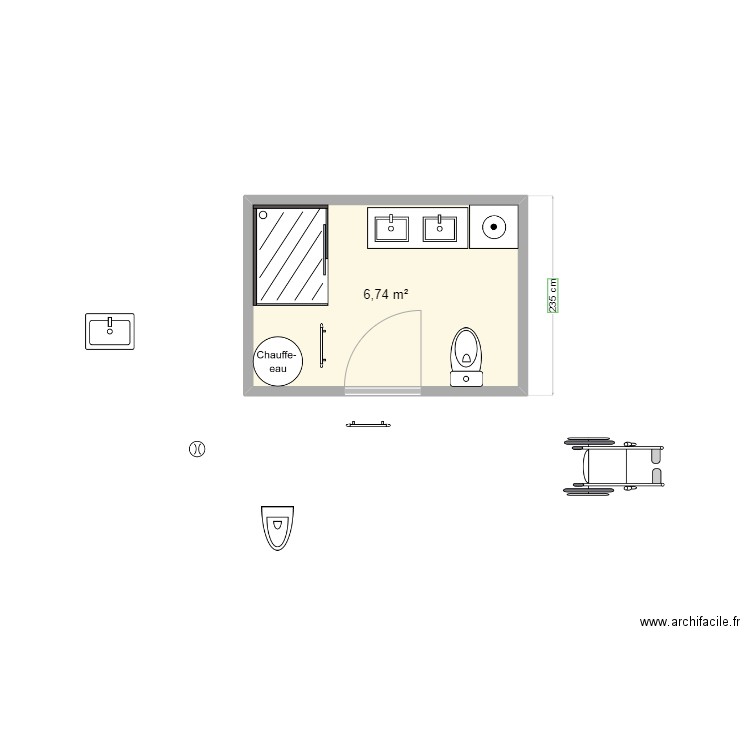 salle de bain 3x2=6m2. Plan de 1 pièce et 7 m2