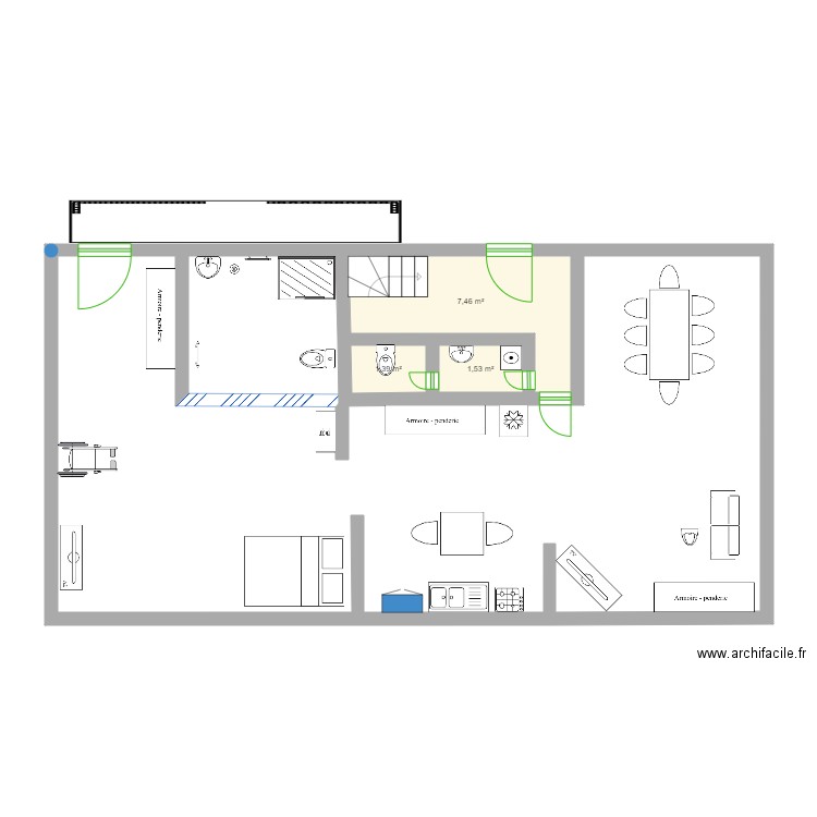 Plan rez de chaussé 3D. Plan de 3 pièces et 10 m2