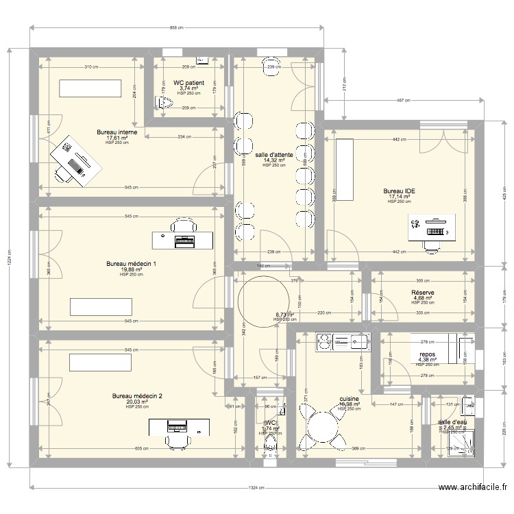 projet cabinet 2. Plan de 12 pièces et 126 m2