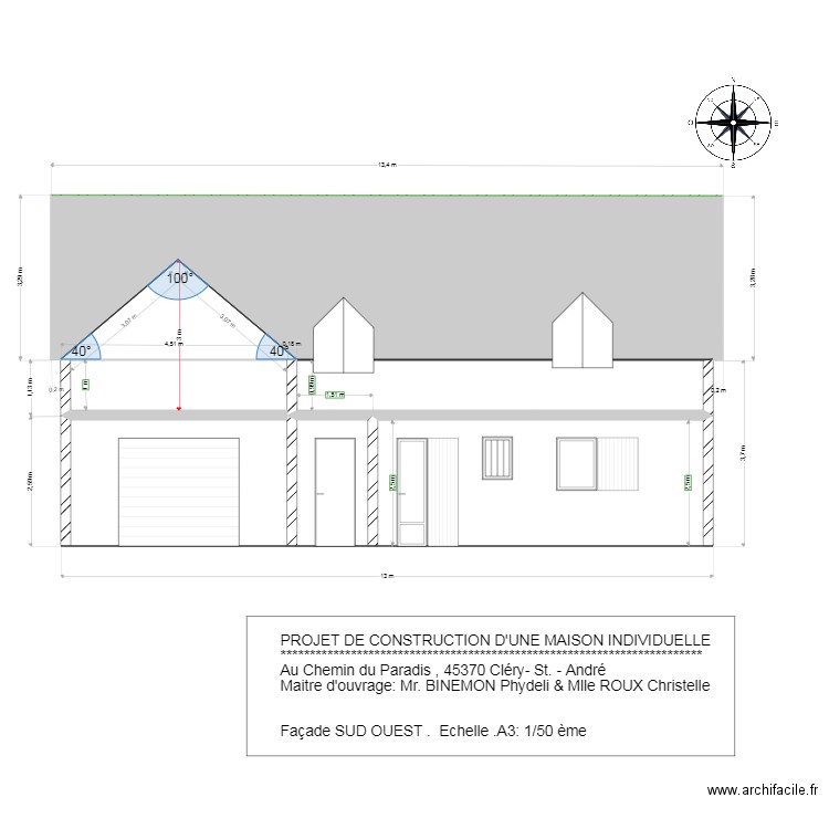 Façade  SUD OUEST. Plan de 7 pièces et 87 m2