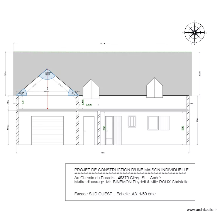 Fa&ccedil;ade  SUD OUEST. Plan de 