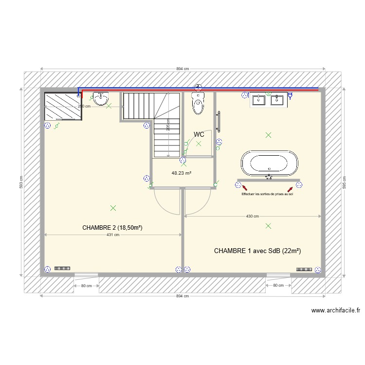 Etage Petite Maison ELECTRICITE V2 avec baignoire repositionnée et projet Salle Eau dans Chambre 2. Plan de 0 pièce et 0 m2