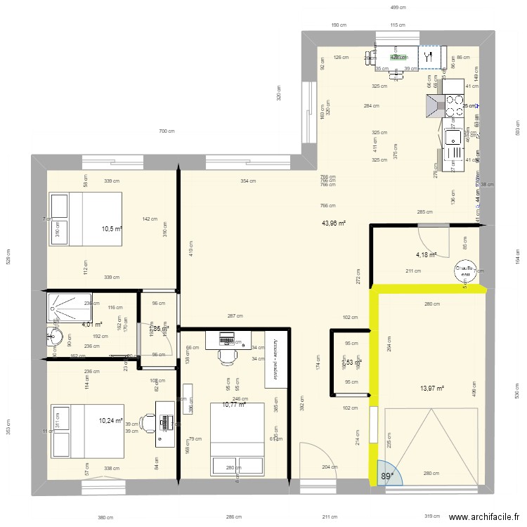 Implantation cuisine. Plan de 9 pièces et 101 m2