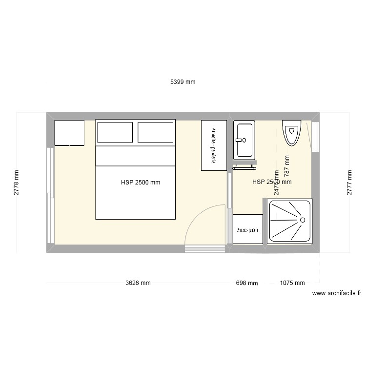 chambre ile verte dilaté V2. Plan de 2 pièces et 12 m2