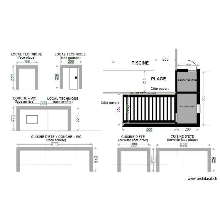 POOL HOUSE complet. Plan de 3 pièces et 22 m2