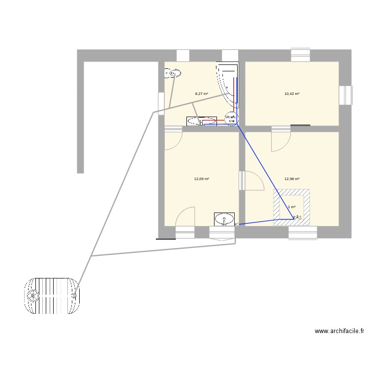 Trink und Abwassersystem. Plan de 5 pièces et 47 m2