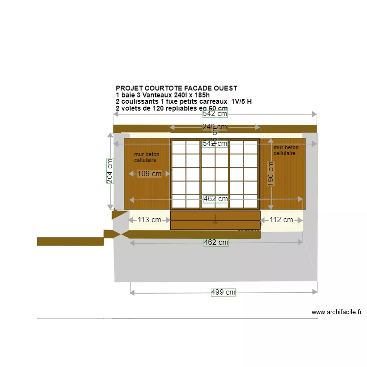 PLAN FACADE COURTOTE  OUEST baie 240x190 petits carreaux+ volets. Plan de 