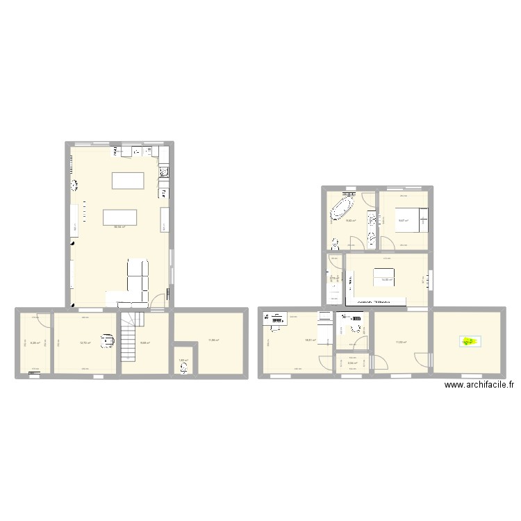 Travaux2. Plan de 14 pièces et 176 m2